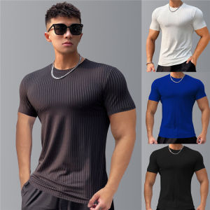 Luoke Sport Shirt for Men Spring and Summer New Trend Fashion Mens Short Sleeve Compression Shirt New Mens Pullover Solid Color Bottom Shirt Stripe