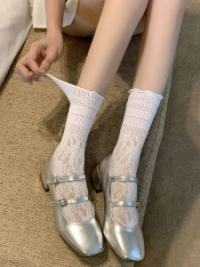White Lace Hollow out Thin Summer Socks Womens Mid-Calf Mary Jane Edge Small Leg Socks  Style Sweet Floral Pattern