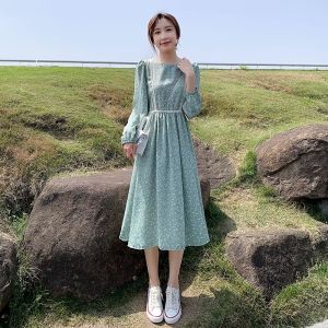 Elegant Green Floral Print Chiffon Dress Womens Slimming Long Sleeve Midi Skirt Korean Style Commute Bubble Sleeve V-neck Dress