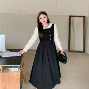 Pork Belly Is Not Meat plus Size Fake Two Pieces Long Sleeves Dress Female Fat Sister Fall and Winter French Retro Work Clothing Pleated Skirt