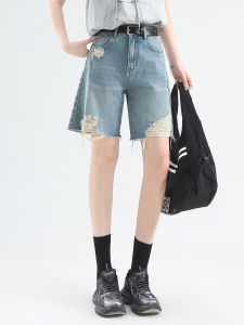 กางเกงยีนส์ขาดๆ 5 แฉก สีน้ำเงิน กางเกงยีนส์ทรงหลวมเอวสูงสำหรับผู้หญิง ฤดูร้อน 2025 กางเกงยีนส์ทรงหลวมสไตล์อเมริกันย้อนยุค