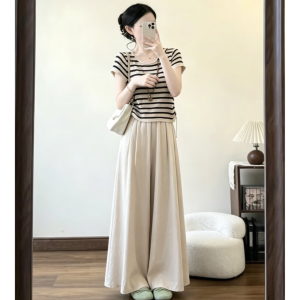 YINGKETUO | Age Reducing Slim Fit Korean Style Striped Short Sleeve High Waisted Outfit