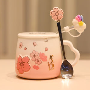 Cốc Thủy Tinh Hoa Anh Đào in Nổi Cốc Cà Phê Bằng Gốm Sứ Có Nắp Và Thìa Cốc Quà Tặng Dùng Tại Nhà Thiết Kế Hoa Văn Tươi Mới