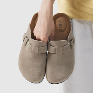 UTUNE Retro Lazy Suede Half Slippers Womens New Thick Bottom Belt Buckle Adjustable Shoes