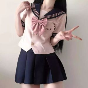 Summer Waist-fit Short Sleeve JK Sailor Suit Japanese College Pleated Skirt Set For  School Uniform Campus Wear&Anime Cosplay