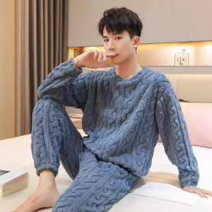 Autumn and Winter New Mens Couples Warm Pajamas Homewear Suit Womens Coral Fleece Pajamas Thickened Thermal Underwear Homewear