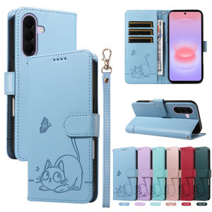 szhaiyu | Leather Wallet Flip Case for Samsung Galaxy A17 A27 A37 A57 A56 A36 A26 A16 A55 A35 A25 A15 A54 Cat & Butterfly Embossed Design