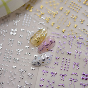 1PCS 5D โลหะ Bronzing Bowtie เชอร์รี่กาวสติกเกอร์เล็บสีม่วงสติกเกอร์เล็บ MINI Bow Slider DIY ตกแต่งเล็บ Decals