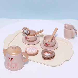 13-Piece Wooden Tea Party Set for Kids | Pretend Play Food Kitchen Toy with Serving Tray & Cake Children Toy Montessori Play