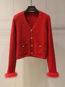 Red Furry Sleeve Knitted Sweater Cardigan Womens New Years Fashion Top Spring 2025 Princess Style Long Sleeve V-Neck Knitwear