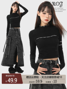 Áo Thun Dài Tay Màu Đen Cổ Điển Của Mỹ Dành Cho Nữ Mùa Thu Mỏng Ôm Vừa Vặn Áo Lót Ngắn Gợi Cảm Chất Liệu Cotton Pha Trộn Thường Ngày