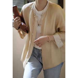 New Chinese Style Loose Fit Long Sleeve round Neck Solid Color Fashionable Slimming Summer Shirt Top for Women