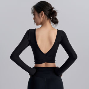 FITNESSGIRL | Sporty Womens Yoga Shirt with Chest Pad Red Square Collar Slimming Long Sleeve