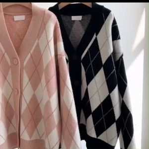 Retro Lazy Style Loose Rhombus Mid-length Sweater Outerwear Cardigan Womens Coat