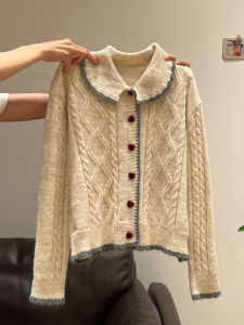 เสื้อสเวตเตอร์ถักคอตุ๊กตาสีบล็อกหนาแขนยาวฤดูใบไม้ร่วง/ฤดูหนาว ทรงคาร์ดิแกนเกาหลี สำหรับผู้หญิง เสื้อผ้าทำงาน ผ้าฝ้ายผสม