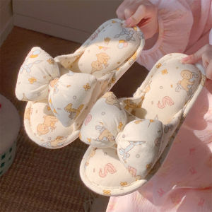 Cotton Linen Slippers Comfortable Bear Design Bedroom Home Use Womens Sweat Absorbent Floor Shoes Cute Butterfly Knot Slippers
