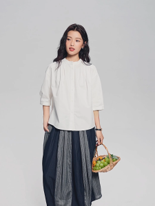 GIORDANO ผู้หญิง เสื้อเบลาส์ ผ้าฝ้าย 100% คอจีน แขนยาวศอก ดีไซน์เรียบหรู ลำลอง 05345870