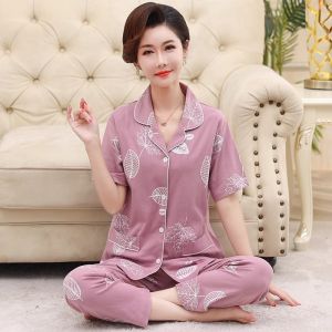 Summer Thin Short Sleeve Pure Cotton Sleepwear Set for Women Home Clothes Moms Home Clothes Comfortable Breathable Nightgown