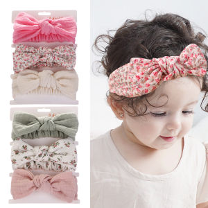 2Sets/Lot Solid Muslin Cotton Linen Baby Headband Elastic Rabbit Ear Hair Band Infant Girl Turban Headwraps Stretch Accessories