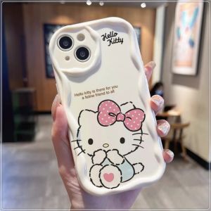Cute Hello Kitty Compatible for IPhone 15 Plus 11 14 13 12 15 Pro Max XR X XS Max 15 7Plus 8plus Wavy Curved Edge