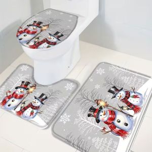 VIKAMA 3pcs Christmas Bathroom Mat Set Santa Claus Tree Reindeer Snowflake Non Slip Toilet Floor Mat Home Decoration