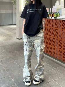 American High Street Distressed Pocket Wide Leg Loose Vibe Casual Straight-Leg Paratrooper Denim Female Camouflage Cargo Pants Male