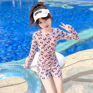 Girls One-Piece Swimsuit Summer New 2025 Childrens Long Sleeve Sunscreen Cartoon Swimming Suits for Big Kids UV Protection
