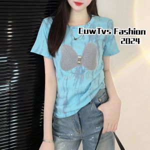 เสื้อยืดแขนสั้นผ้าฝ้ายแท้ปักลายสำหรับผู้หญิง ดีไซน์แฟชั่น ทรงหลวม สไตล์ลำลอง ฤดูร้อน 2024 จีน