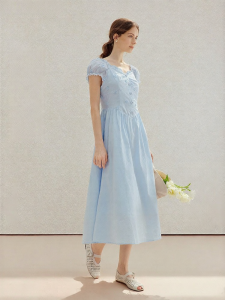 INMAN | 3D Flower Square Neck Puff Sleeves Cotton Dress