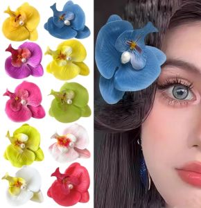 Girls Colorful Butterfly Orchid Hairpins Graceful Pearl Flower Hair Clips Women Imperial Sister Style Clamp Headwear Accessory