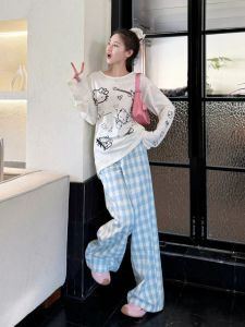 Quần Ống Đứng Kẻ Caro Cạp Cao Rộng Rãi Cho Nữ Mùa Hè Phong Cách Hàn Quốc Quần Áo Hai Mảnh Nhỏ Gọn Kate Cat