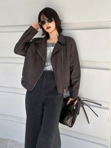 YINLUOYA | Short PU Leather Jacket Womens American Retro Style Zipper Closure Commute Loose Fit Water Washed Leather Hong Kong Style