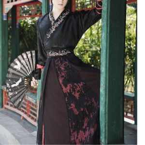 Autumn Winter Mens Clothing Double Layer Wide Skirt Heavy Embroidery Semi Sleeve State Robe Hanfu Youth Casual Polyester Fiber