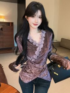 GUZILIAN | Irregular Cross Purple Velvet Long Sleeve T-shirt