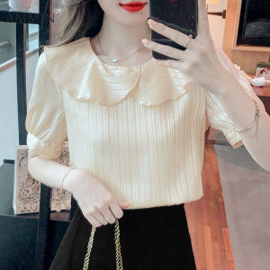 AMMIN เสื้อเบลาส์ แขนสั้นมีหวานๆ แฟชั่นคอกลม สำหรับฤดูร้อน เสื้อเบลาส์หรู หราแขนพอง มีระบายสำหรับ เสื้อชีฟองเกาหลี