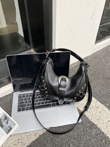 Fashionable Rivet Underarm Bag Womens Single Shoulder Crossbody Bag Trendy Commuter Crescent Bag Soft PU Leather Handbag