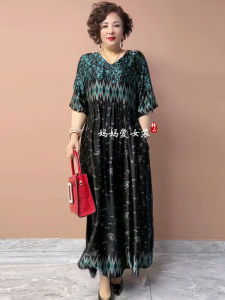 Retro Chinese Style Silk Print Dress Womens Summer New Loose Elegant Slimming Large Size Elegant Skirt V-neck Short Sleeve