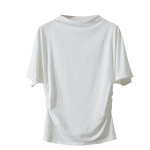 Amii25 Summer New Simple Solid Color Commute French Style Half High Collar Modal Cotton Slim Fit High Elastic Short Sleeve T