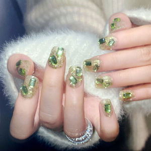 【With Glue】Ready Stock Female Fake Nail Green Genie Nail for Women and Girl Party Activity