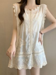Lace Crochet Embroidery Cut Out Cotton Linen Sleeveless Outwear Plus Size Summer Plus Size Ladies Outerwear Cover-up Mid-Length Vest Skirt