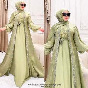 COD-SATU SET GAMIS PLUS FHASMINA MODEL CARDIGAN MISAH-GAMIS ROMPI MISAH TERBARU BAHAN CERUTY MIX BROKAT