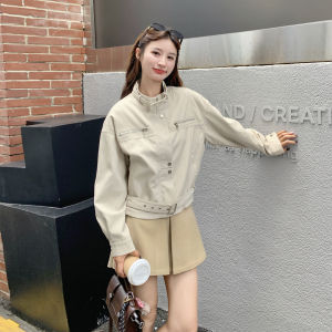 Beige Hong Kong Style Retro Biker Jacket Womens PU Leather Coat Fall New Large Female Main PU Leather Jacket Short Zipper