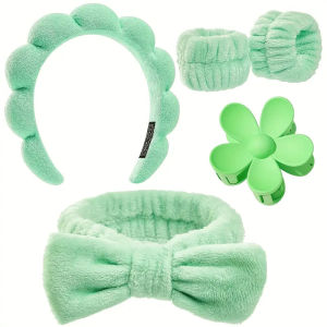 5Pcs Spa Headband & Skincare Headbands Large Flower Hair Claw Clips Wash Face Wristband Set Women Girls Makeup Hair Accessories