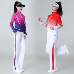 Square Dance Fitness Gymnastics Sport Running Performance Costume Womens Long Sleeve Gradient Color Set Polyester Fabric