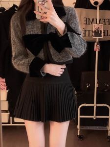 Black Layered Woolen Skirt Womens Autumn Winter Elegant High Waist Pleated Draped A-Line Short Skirt Sweet College Style