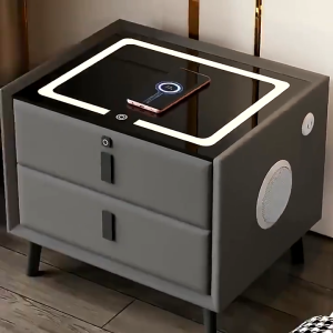 เฟอร์นิเจอร์โต๊ะข้างเตียงอัจฉริยะพร้อมเทคโนโลยีชาร์จไร้สาย ลำโพงบลูทูธเสียงคมชัด และไฟ LED รอบขอบโต๊ะ เพิ่มความสะดวกและความสวยงาม มาพร้อมลิ้นชักเอนกประสงค์สองชั้นสำหรับจัดเก็บของ