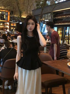 Syj Plus Size Ladies French Style Temperament Ladies Sleeveless Tops Womens Pure Desire Style High Waist Slim Looking Mid-Length Dress Set