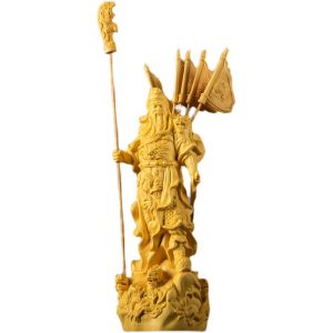 Nine Dragon Five Flags Guan Yu statue also known as Guan Gong wealth god sculpture finely crafted wood carving perfect handmade craft for home decoration symbolizing strength honor and prosperity in Feng Shui