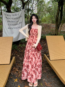 ชุดเดรสเก็บเอวสไตล์ฝรั่งเศสไซส์ใหญ่เดรสสายเดี่ยวเดรสฤดูร้อนสำหรับผู้หญิงชุดเดรสยาวเก็บเอวเก็บเนื้อใส่แล้วดูผอมเพรียวสำหรับสาวอวบ