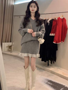 High Waist A-Line Mini Dress Set Korean Style Grey Asymmetrical Long Sleeve V-Neck Dress Women Spring Autumn Winter Fashion